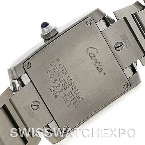 This image shows the back case and part of the bracelet of the Cartier Tank Française watch.