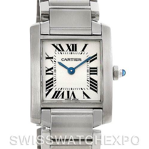 The image shows a front view of the Cartier Tank Francaise W51008Q3 Women
s Stainless Steel Silver Dial W51008Q3 Women
s Stainless Steel Silver Dial watch, displaying the face, roman numerals, and part of the bracelet.