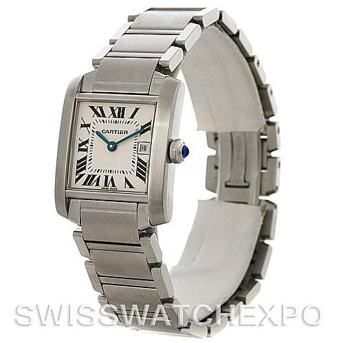 The image shows a side view of a Cartier Tank Française watch, highlighting its bracelet and square face with Roman numeral markers.