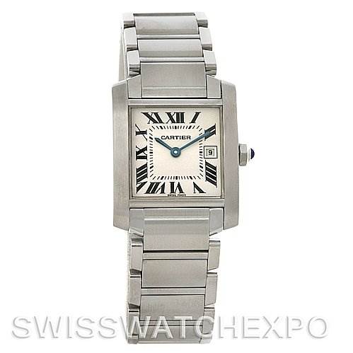 The image shows a front view of the Cartier Tank Francaise W51011Q3 Women's Stainless Steel Silver Dial W51011Q3 Women's Stainless Steel Silver Dial watch, highlighting the dial, roman numerals, date window, and bracelet.