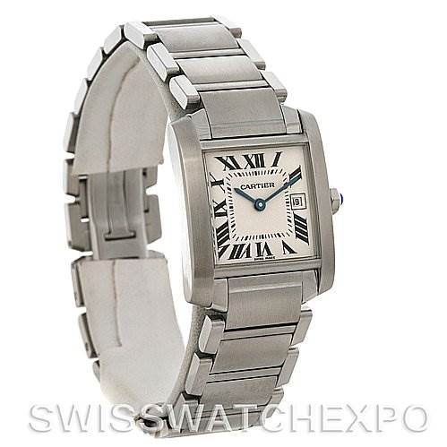 The image features a slightly angled side and front view of the Cartier Tank Française watch, showing its metal bracelet and square face.  