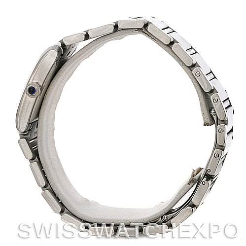 This image shows a Cartier Tank Francaise W51011Q3 Women's Stainless Steel Silver Dial W51011Q3 Women's Stainless Steel Silver Dial watch from a side angle, highlighting its bracelet and side profile, including the crown.