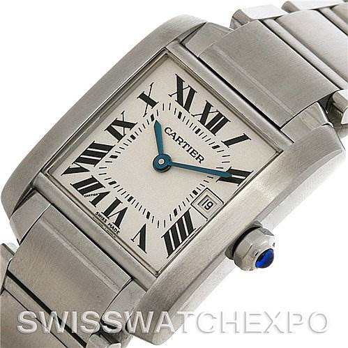 The image shows a close-up of a Cartier Tank Francaise W51011Q3 Women's Stainless Steel Silver Dial W51011Q3 Women's Stainless Steel Silver Dial watch from an angled side view, highlighting the face, bracelet, and crown.