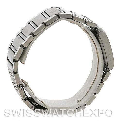 The image shows an angled side view of the bracelet and clasp of a Cartier Tank Française watch.