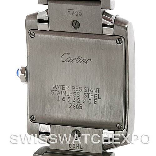 This image shows the back of a Cartier Tank Francaise W51011Q3 Women's Stainless Steel Silver Dial W51011Q3 Women's Stainless Steel Silver Dial watch, highlighting its stainless steel case and water resistance markings.