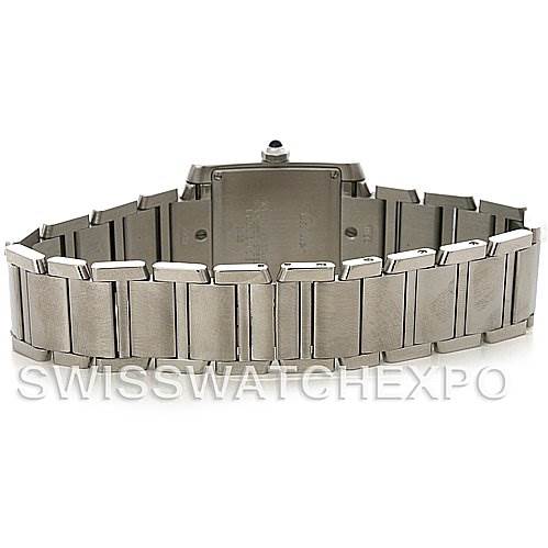 This image shows the back view of a Cartier Tank Francaise W51011Q3 Women's Stainless Steel Silver Dial W51011Q3 Women's Stainless Steel Silver Dial watch, focusing on the metal bracelet links and clasp.
