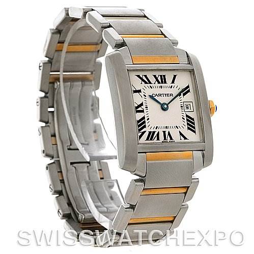This image shows the Cartier Tank Francaise W51012Q4 Women's Steel and Gold (two tone) Silver Dial W51012Q4 Women's Steel and Gold (two tone) Silver Dial watch at a three-quarter angle, highlighting its face, bracelet, and clasp.