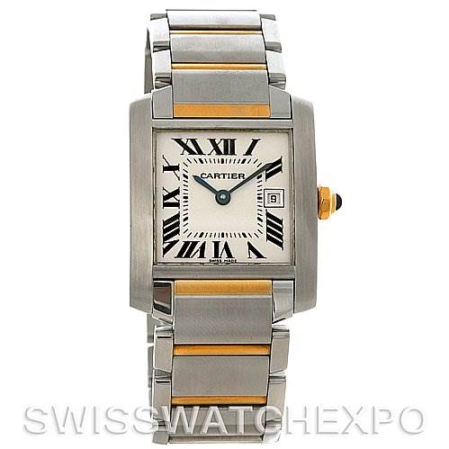The image shows a Cartier Tank Française watch from a frontal angle, highlighting its face, Roman numerals, date, and bracelet.