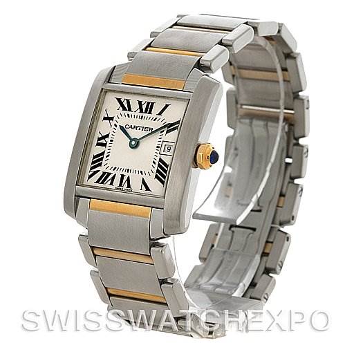 The image shows a Cartier Tank Francaise W51012Q4 Women's Steel and Gold (two tone) Silver Dial W51012Q4 Women's Steel and Gold (two tone) Silver Dial watch at an angled view, displaying the face, bracelet, and crown.