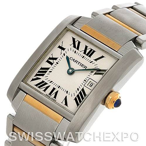 The image shows a close-up, angled view of a Cartier Tank Francaise W51012Q4 Women's Steel and Gold (two tone) Silver Dial W51012Q4 Women's Steel and Gold (two tone) Silver Dial watch, highlighting its face, crown, and two-tone bracelet.