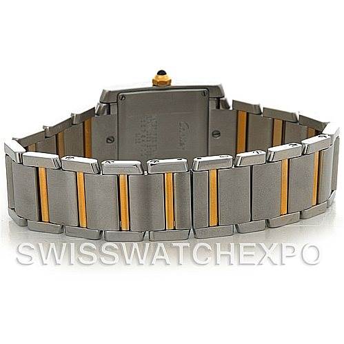 This image shows the back view of the bracelet and case of a Cartier Tank Française watch.