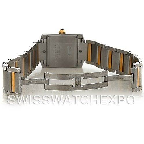 This is a rear view of the Cartier Tank Française watch showing the case back and the open metal bracelet with gold accents.