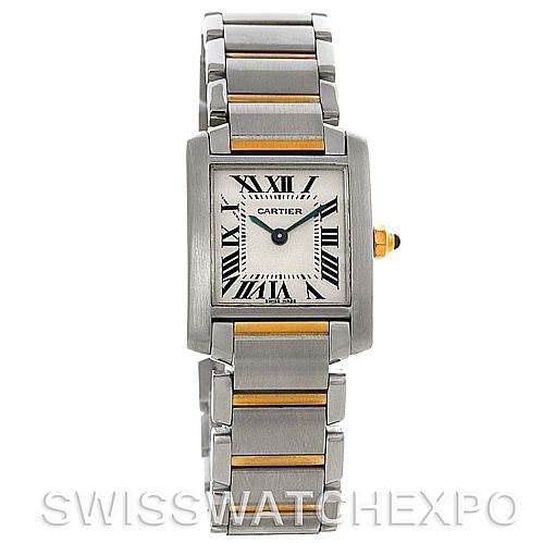 This image shows a Cartier Tank watch, not a Rolex Yacht-Master W51007Q4 Men's Stainless Steel Silver Dial W51007Q4 Men's Stainless Steel Silver Dial, featuring a square face, Roman numerals, and a two-tone metal bracelet.