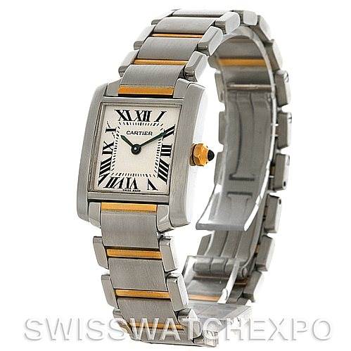 The image shows a Cartier watch with a square face, Roman numerals, and a stainless steel band with gold accents at a three-quarter angle.