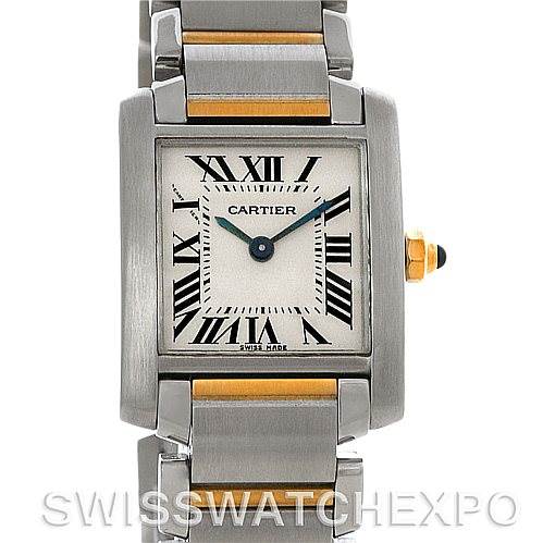 The image shows a Cartier watch at a straight-on angle, displaying the face, bezel, and part of the bracelet.