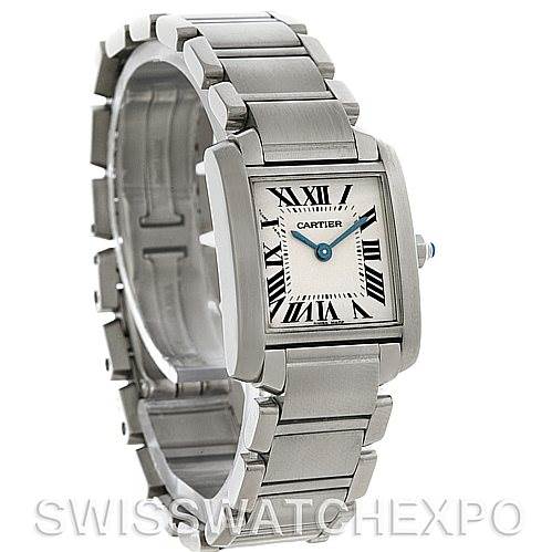 The image shows a front angle of the Cartier Tank Française watch, displaying its rectangular face, Roman numeral dial, and stainless steel bracelet.
