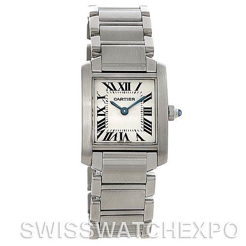 This is a front view of the Tank Francaise model by Cartier, showcasing its stainless steel bracelet and square dial with Roman numerals.