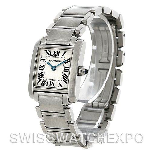 The image shows a Cartier Tank Francaise W51008Q3 Women
s Stainless Steel Silver Dial W51008Q3 Women
s Stainless Steel Silver Dial watch at an angle, displaying the face, bezel, and metal bracelet.