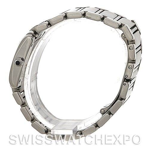 The image shows a side view of the Cartier Tank Française watch, highlighting the bracelet and the slim profile of the case.