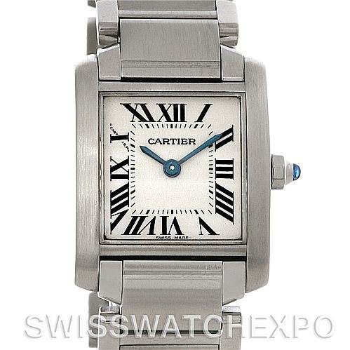 The image shows a front view of the Cartier Tank Française watch, highlighting the face, bezel, and part of the bracelet.