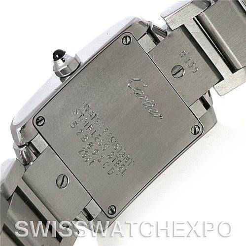 The image shows the back case and part of the bracelet of the Cartier Tank Française watch from an angled perspective.