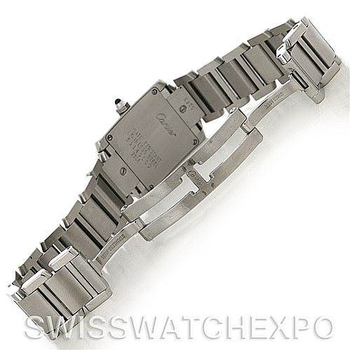 The image shows the backside of a Cartier Tank Francaise W51008Q3 Women
s Stainless Steel Silver Dial W51008Q3 Women
s Stainless Steel Silver Dial watch, focusing on the bracelet and clasp.