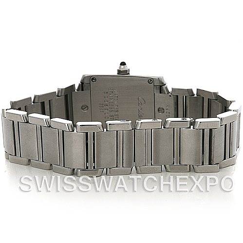 This image shows the back view of a Cartier Tank Francaise W51008Q3 Women
s Stainless Steel Silver Dial W51008Q3 Women
s Stainless Steel Silver Dial watch, highlighting the metal bracelet and case back details.
