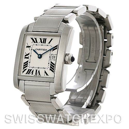 The Cartier Tank Francaise W51011Q3 Women's Stainless Steel Silver Dial W51011Q3 Women's Stainless Steel Silver Dial watch is shown at an angle highlighting its rectangular face, bracelet, crown, and part of the clasp.