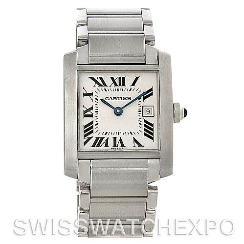 This image shows a front view of the Cartier Tank Francaise W51011Q3 Women's Stainless Steel Silver Dial W51011Q3 Women's Stainless Steel Silver Dial watch, displaying its face, bracelet, and crown.