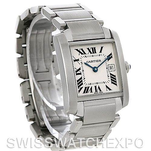 The image shows a Cartier Tank Francaise W51011Q3 Women's Stainless Steel Silver Dial W51011Q3 Women's Stainless Steel Silver Dial watch from a three-quarter angle, highlighting the rectangular face and metal bracelet.