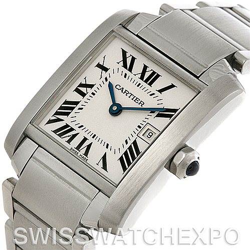 This image shows a close-up of the dial, crown, and part of the bracelet of the Cartier Tank Francaise W51011Q3 Women's Stainless Steel Silver Dial W51011Q3 Women's Stainless Steel Silver Dial watch at an angle.