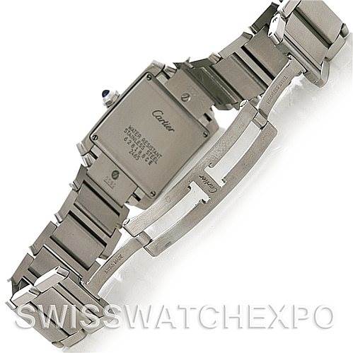 The image shows the back view of a Cartier Tank Francaise W51011Q3 Women's Stainless Steel Silver Dial W51011Q3 Women's Stainless Steel Silver Dial watch, highlighting the case back and bracelet with the butterfly clasp open.
