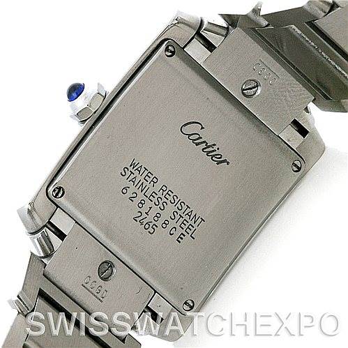 This image shows the back case of a Cartier Tank Française watch, highlighting the brand's engraving, model details, and part of the stainless steel bracelet.