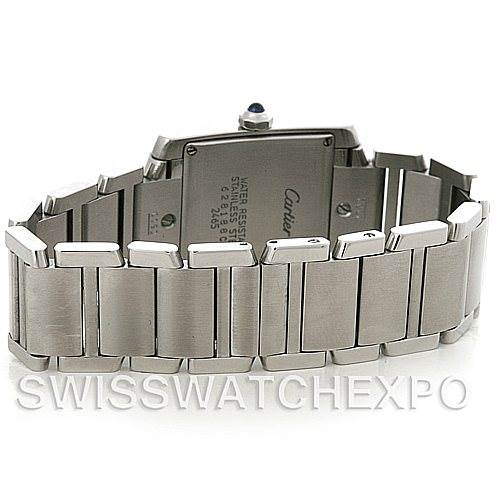 The image shows the Tank Francaise by Cartier from the back, highlighting its stainless steel bracelet and case back.