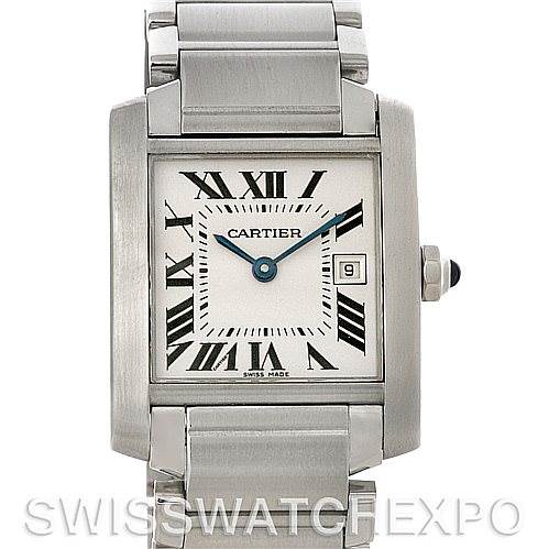 This image shows a front-facing view of a Cartier Tank Francaise W51011Q3 Women's Stainless Steel Silver Dial W51011Q3 Women's Stainless Steel Silver Dial watch, displaying the face, bezel, crown, and part of the band.