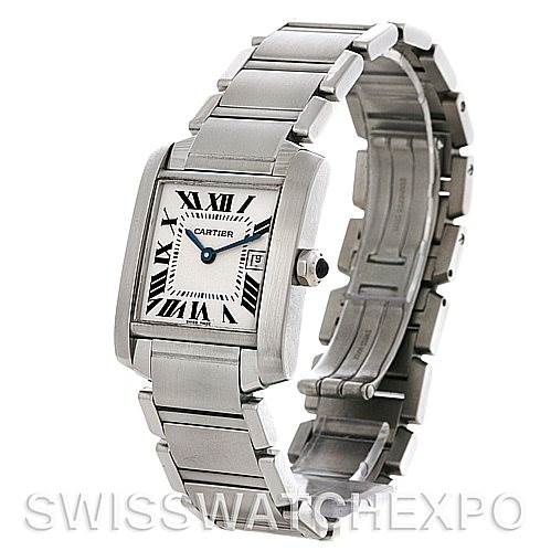 This image shows a side and front angle of the Cartier Tank Francaise W51011Q3 Women's Stainless Steel Silver Dial W51011Q3 Women's Stainless Steel Silver Dial watch, highlighting its bracelet and rectangular dial.