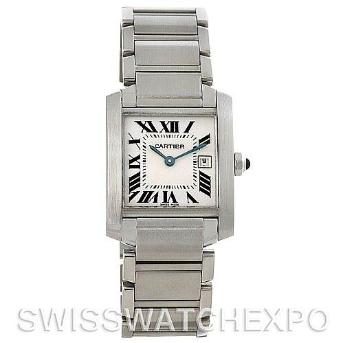 The image shows a Cartier Tank Francaise W51011Q3 Women's Stainless Steel Silver Dial W51011Q3 Women's Stainless Steel Silver Dial watch from a front angle, highlighting its stainless steel bracelet and rectangular dial.