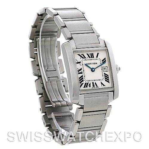 This image shows a Cartier Tank Française watch at a three-quarter angle, displaying the bracelet and the face with Roman numerals.