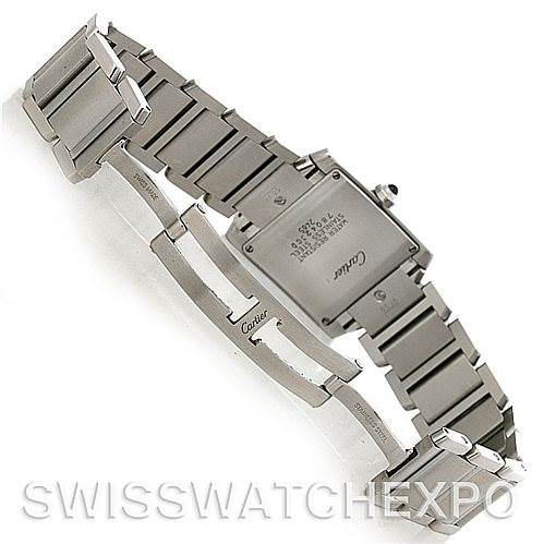 The image shows the back and bracelet of a Cartier Tank Francaise W51011Q3 Women's Stainless Steel Silver Dial W51011Q3 Women's Stainless Steel Silver Dial watch, emphasizing its stainless steel links and clasp.