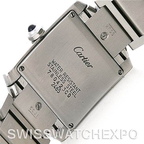 The image shows the back case of a Cartier Tank Francaise W51011Q3 Women's Stainless Steel Silver Dial W51011Q3 Women's Stainless Steel Silver Dial watch, highlighting its stainless steel construction and water resistance.