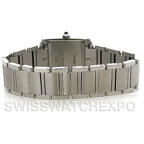 This image shows the back and bracelet of a Cartier Tank Francaise W51011Q3 Women's Stainless Steel Silver Dial W51011Q3 Women's Stainless Steel Silver Dial watch from a rear angle.
