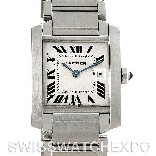 This image shows a front-facing view of a Cartier Tank Française watch, highlighting the face, bezel, and metal bracelet.