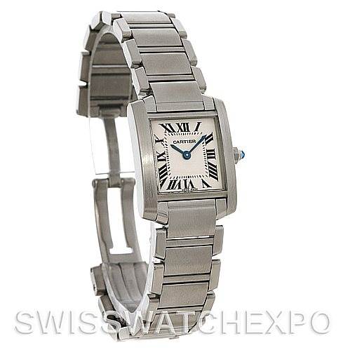 The image shows a Cartier Tank Française watch at an angle, displaying its stainless steel bracelet and rectangular face with Roman numerals.