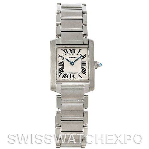 The image shows a Cartier Tank Francaise W51008Q3 Women
s Stainless Steel Silver Dial W51008Q3 Women
s Stainless Steel Silver Dial watch, front angle, displaying the face, bezel, bracelet, and crown.