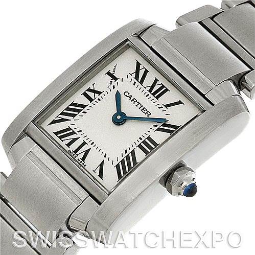 This image shows a close-up angled view of the Cartier Tank Francaise W51008Q3 Women
s Stainless Steel Silver Dial W51008Q3 Women
s Stainless Steel Silver Dial watch, focusing on the dial, crown, and part of the bracelet.