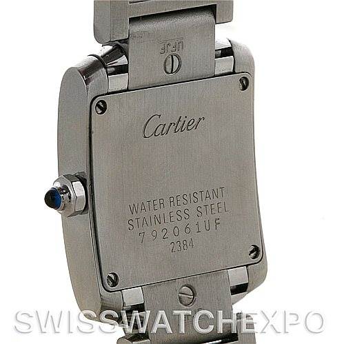The image shows the back view of a Cartier Tank Francaise W51008Q3 Women
s Stainless Steel Silver Dial W51008Q3 Women
s Stainless Steel Silver Dial watch, highlighting the engravings and stainless steel details.
