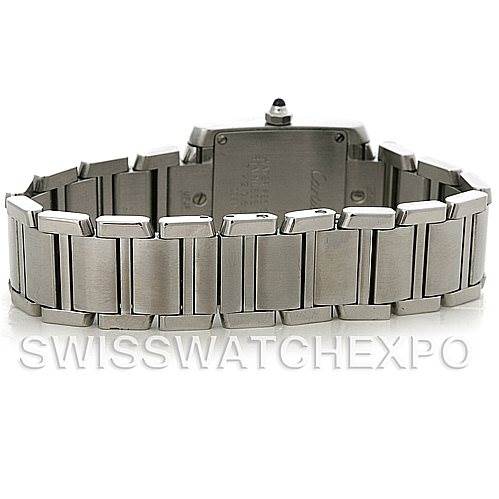 This image shows the back view of the Cartier Tank Française watch, highlighting the stainless steel bracelet and clasp.