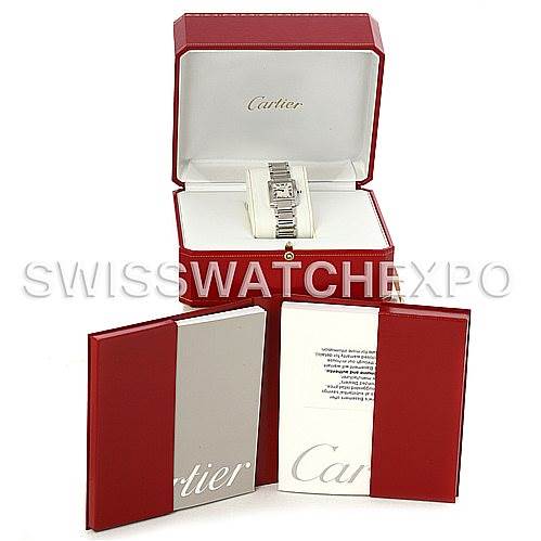 The image shows a Cartier Tank Francaise W51008Q3 Women
s Stainless Steel Silver Dial W51008Q3 Women
s Stainless Steel Silver Dial watch displayed in an open Cartier box, accompanied by booklets.