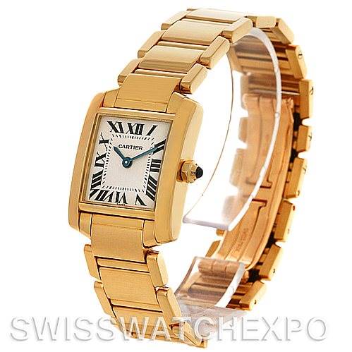This image shows a Cartier Tank Francaise W50002N2 Women's Yellow Gold Silver Dial W50002N2 Women's Yellow Gold Silver Dial watch at a slight angle, highlighting the face, bracelet, and crown.