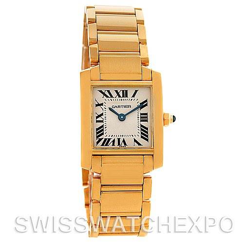 This Cartier Tank Francaise W50002N2 Women's Yellow Gold Silver Dial W50002N2 Women's Yellow Gold Silver Dial watch is shown from a front angle, highlighting its rectangular face, Roman numerals, and gold bracelet.